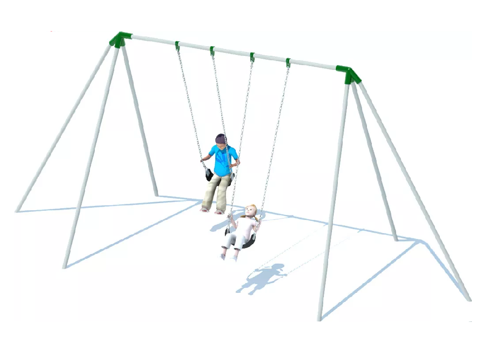 Commercial tripod swing frame with additional angled support legs designed for high-traffic playground environments.